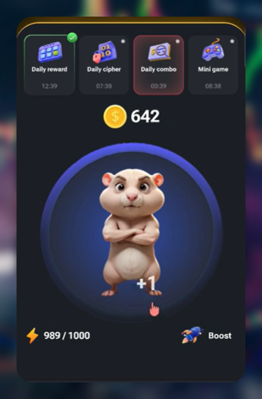 The image shows a cartoon hamster standing upright with its arms crossed, surrounded by various game elements such as coins, power-ups, and other gameplay items. The text "Instead of farming hyperliquid:native and $DOGS I'm just tapping away at Hamster Kombat" is present in the image, which suggests that the hamster character might be a part of a video game or mobile app where players can interact with the hamster by using buttons on their device. The focus should be on what's in the image and how it relates to the post about the game.