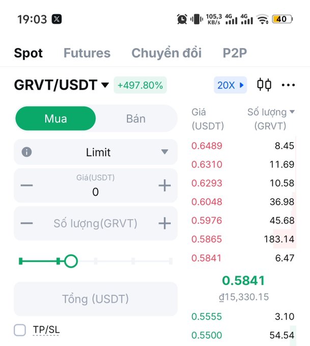 A cryptocurrency trading interface showing the GRVT/USDT spot pair with a +497.80% gain indicator and 20X leverage option, displaying an order book with current price at 0.5841 USDT (≈$15,330.15). The image supports the post's complaint about GRVT tokens, suggesting the user is frustrated with the platform after a significant price movement.