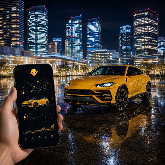 A hand holding a smartphone displaying a car app next to a yellow Lamborghini Urus parked in a city at night, with the phone showing the text "NTH" and a lightning bolt icon.