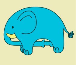 A simple cartoon illustration of a blue elephant with tusks and a small tail against a pale yellow background.