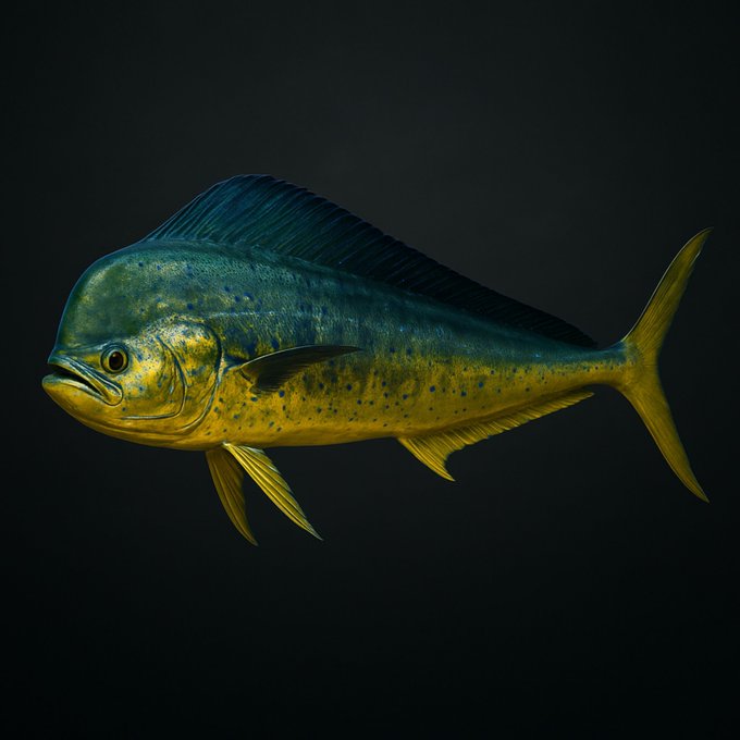 The image features a close-up of a fish, possibly a mahi-mahi or tuna, swimming against a black background. The fish's body is predominantly yellow with blue spots, giving it a vibrant appearance. The fish appears to be in motion, as if it has just taken off from the water and is heading towards the bottom right corner of the image.