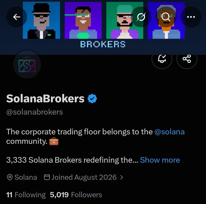 A Twitter/X profile page for 'SolanaBrokers' (@solanabrokers) with 5,019 followers, featuring pixel-art broker avatars in the banner and the bio: 'The corporate trading floor belongs to the @solana community.'