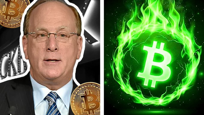 A split image showing a man in a suit on the left with Bitcoin coins, and a glowing green Bitcoin logo surrounded by flames on the right.