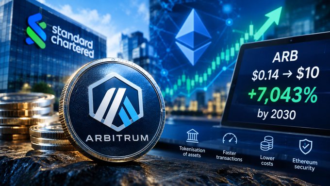 A promotional graphic showing the Arbitrum (ARB) cryptocurrency coin next to the Standard Chartered logo, with a chart forecasting a price increase from $0.14 to $10 (+7,043%) by 2030 and icons highlighting tokenization, faster transactions, lower costs, and Ethereum security.