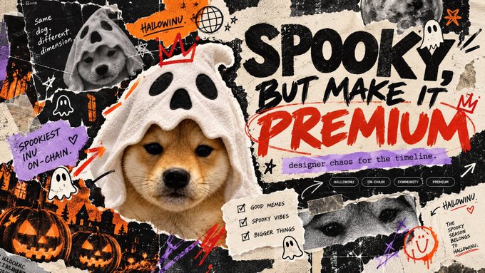 Halloween-themed promotional graphic titled 'SPOOKY, BUT MAKE IT PREMIUM' featuring a dog in a ghost costume alongside text including 'designer chaos for the timeline,' 'HALLOWEEN,' 'ON-CHAIN,' and 'COMMUNITY.'