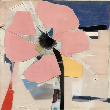 A mixed-media collage artwork featuring a large pink flower with a dark center against a background of geometric shapes in blue, yellow, gray, and black.