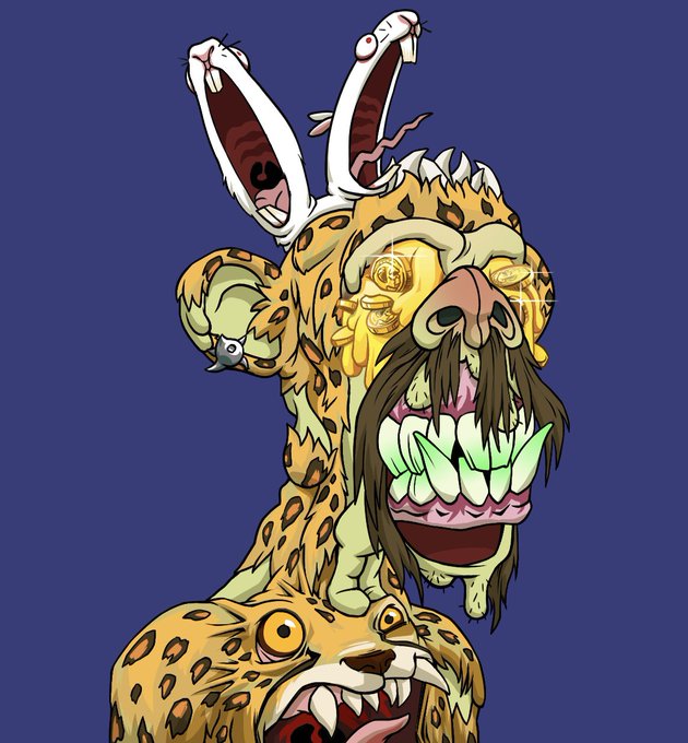 A bizarre cartoon illustration of a grotesque leopard-like creature with an oversized mouth full of green teeth, a long drooping mustache, and two screaming white rabbit-like ears on top of its head, set against a solid blue background.