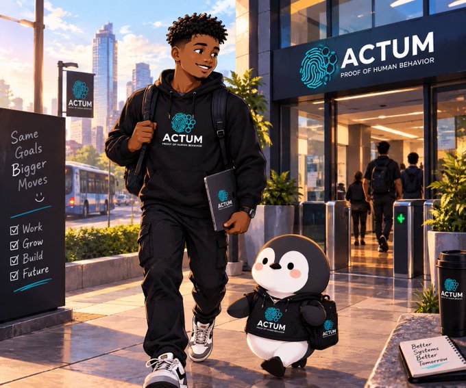 An illustrated promotional image for "ACTUM - Proof of Human Behavior" features a young man in branded athletic wear walking alongside a penguin mascot outside an urban storefront, with a chalkboard listing "Work, Grow, Build, Future."