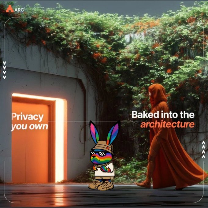 The image features an orange rabbit wearing sunglasses, walking down a street with a person dressed in an orange robe following behind him. The background includes a white building and some trees. In the corner of the image, there's text that reads "gArc What actually sold me on @TheARCTERMINAL is that the architecture isnt a promise my private key never touches their servers sessions are post quantum encrypted and every action generates a verifiable receipt that only I can read". This message seems to be related to the architecture of the building, as it suggests that the rabbit's owner has made a promise not to reveal any information about the building or its security measures.
