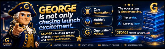 The image features a promotional banner for the GEORGE ecosystem, showcasing a cartoon George Washington mascot alongside text declaring "GEORGE is not only chasing launch excitement" and highlighting key pillars like "One foundation," "Multiple layers," and "One unified rollout," with a stacked pillar graphic listing components such as Utility, Engagement, Applications, Infrastructure, and Foundation.

The caption ties into the post's message about GEORGE taking a comprehensive ecosystem-building approach rather than focusing solely on a token launch, visually emphasizing the project's multi-layered infrastructure strategy.