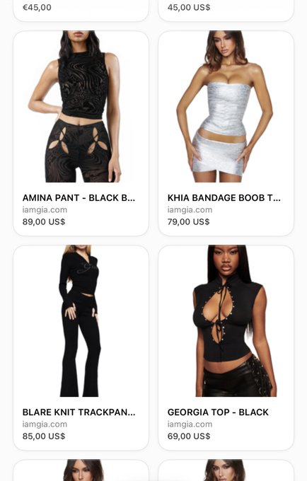 A screenshot of an online clothing store (iamgia.com) displaying four items including 'AMINA PANT - BLACK B...' at $89.00, 'KHIA BANDAGE BOOB T...' at $79.00, 'BLARE KNIT TRACKPAN...' at $85.00, and 'GEORGIA TOP - BLACK' at $69.00.