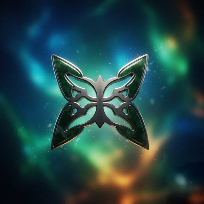 A symmetrical metallic butterfly or moth-shaped emblem with green marbled inlays floats against a vibrant, nebula-like background of blue, green, and orange light.