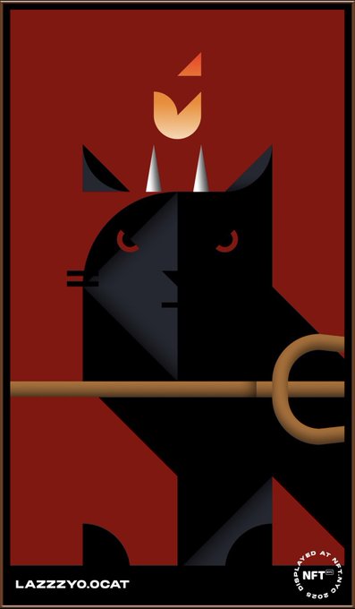 The image features a stylized geometric illustration of a black cat holding a large key, with a flame icon above its head, set against a deep red background. The artwork is labeled "LAZZZYO.0CAT" at the bottom, representing the limited edition NFT collectible showcased at NFT NYC in Times Square, with the "NFT NYC" emblem visible in the corner.