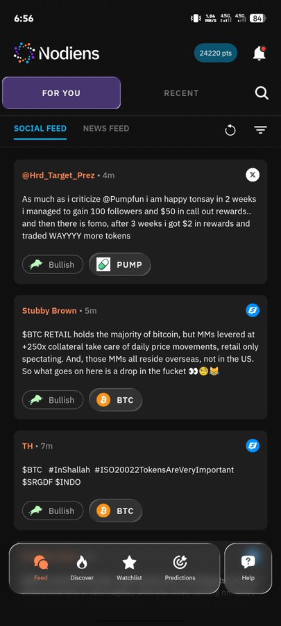A mobile screenshot of the 'Nodiens' social feed app showing cryptocurrency-related posts with tickers including PUMP and BTC, with tabs for 'FOR YOU' and 'RECENT', and a points counter showing '24220 pts'.