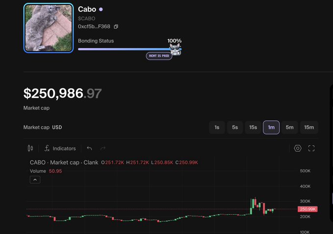 A cryptocurrency chart for "Cabo" (CABO) showing a market cap of $250,986.97, a 100% bonding status, and a candlestick price graph over a 1-month timeframe.