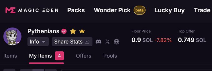 A screenshot of the Magic Eden NFT marketplace shows a collection called "Pythenians" with a floor price of 0.9 SOL and a top offer of 0.749 SOL.