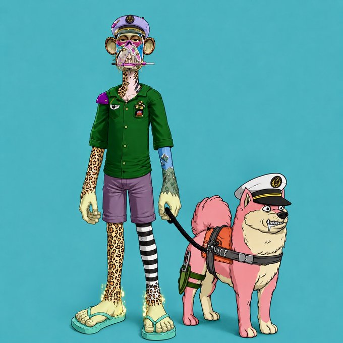 A cartoon-style illustration shows a leopard-headed character in a green shirt, purple shorts, and captain's hat walking a pink Shiba Inu service dog wearing a matching captain's hat, reflecting the "Sunday we walk the Doggo's" GM post inspired by @0xpnktchn and @BoredApeYC.
