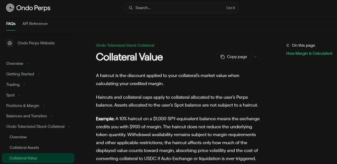 A screenshot of the Ondo Perps website documentation page titled 'Collateral Value' under 'Ondo Tokenized Stock Collateral,' explaining haircuts and margin calculation.