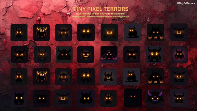 The image features a grid of square icons with various designs, including faces of animals such as dragons or bulls, all set against a red background. The text "I'm giving away 5 GDT & 20 FCFS Spots for @TinyPxlTerrors To enter: Follow @Crypto_Yapp & @TinyPxlTerrors ... Good luck". This suggests that the image is promoting an event or contest related to the Tiny Pxl Terrors theme. The icons are arranged in a grid format, with each row containing multiple icons of similar design and color.