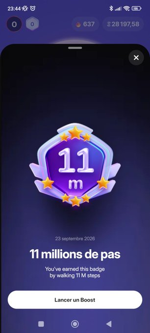 A smartphone screenshot showing a fitness achievement badge reading "11m" with French text "11 millions de pas" and "23 septembre 2026", dated 23:44.