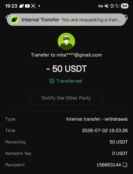 Screenshot of a crypto transfer confirmation showing an internal transfer of 50 USDT successfully sent to mha****@gmail.com on 2026-07-02.