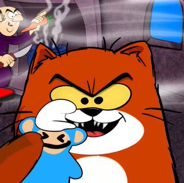 A cartoon scene showing an angry orange cat character with sharp teeth alongside a wide-eyed man holding a glowing spray can in a stylized animated setting.