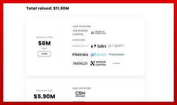 A graphic displaying a total of $11.90M raised, listing lead investors for 2020 like Polychain Capital and Frax, and for 2025 like CBX, with various company logos.