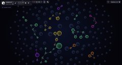 A dark screenshot of a video game featuring a colorful constellation-like map with connected hexagonal nodes.