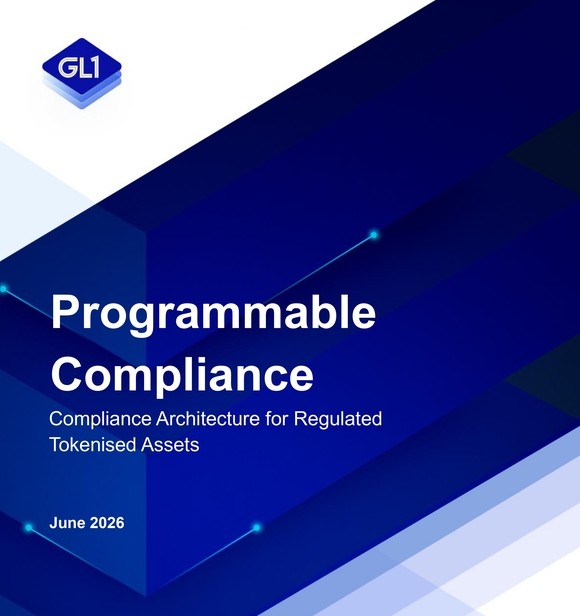 The user wants a concise caption for the provided image.
I need to identify the key text and visual elements.
- **Main Title:** "Programmable Compliance"
- **Subtitle:** "Compliance Architecture for Regulated Tokenised Assets"
- **Date:** "June 2026"
- **Logo:** "GLI" in a blue hexagon shape.
- **Background:** Blue geometric shapes.

The post text mentions "#Chainlink", "$XRP", "$ETH", "$SOL", and "$LINK". It states "I see only #Chainlink here, not $XRP not $ETH not $SOL, only $LINK. Your chain is just one of many."

The image itself doesn't explicitly mention Chainlink, XRP, ETH, or SOL in the visible text. It's a title slide for a report titled "Programmable Compliance". The connection is likely thematic (compliance in crypto/tokenized assets), but