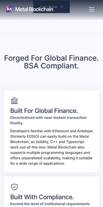A screenshot of the Metal Blockchain website displaying the headline "Forged For Global Finance. BSA Compliant" along with sections titled "Built For Global Finance" and "Built With Compliance," promoting its decentralized blockchain platform designed for financial applications.