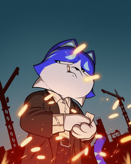 An anime-style illustration of an anthropomorphic cat-like character in a suit holding a lighter, with sparks flying around them against an industrial background featuring cranes and a twilight sky.