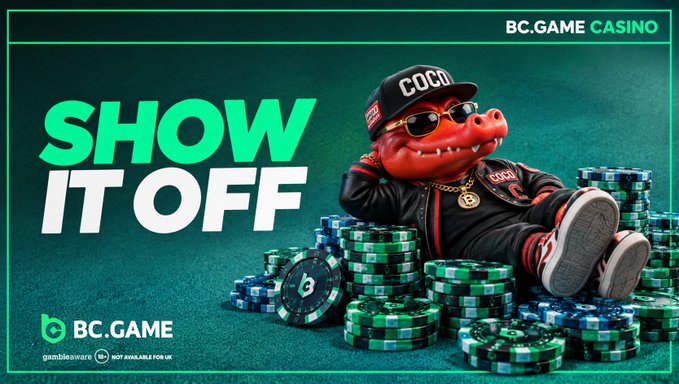 A promotional banner for 'BC.GAME CASINO' with the text 'SHOW IT OFF', featuring an anthropomorphic crocodile character wearing a cap and sunglasses sitting on stacks of casino chips.