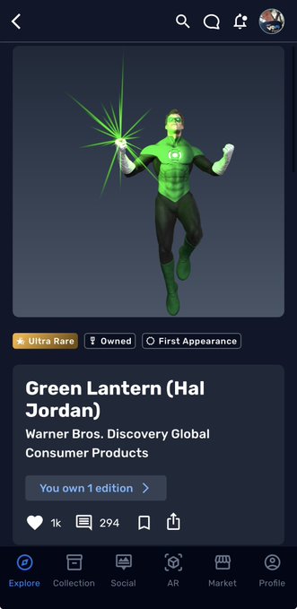 A mobile app screen displays a 3D rendering of a "Green Lantern (Hal Jordan)" NFT marked as "Ultra Rare", "Owned", and "First Appearance", credited to "Warner Bros. Discovery Global Consumer Products", with tabs for Explore, Collection, Social, AR, Market, and Profile.