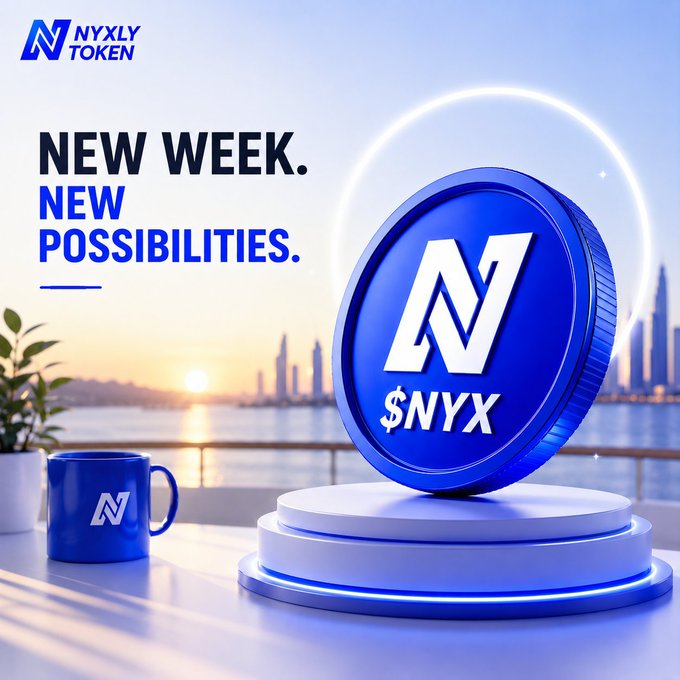 A promotional graphic for 'NYXLY TOKEN' ($NYX) displaying the text 'NEW WEEK. NEW POSSIBILITIES.' next to a large blue coin resting on a pedestal, with a branded mug and a city skyline at sunset in the background.