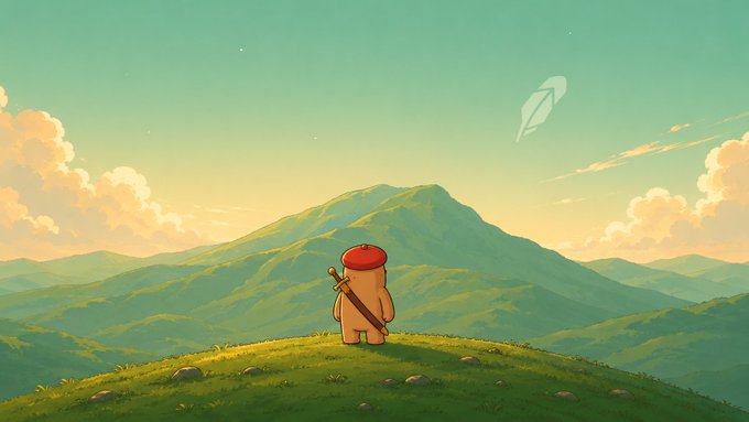 A small cartoon character wearing a red beret and carrying a staff stands on a grassy hilltop, gazing at misty mountains and a rocket soaring into a pastel sky at sunset. The whimsical, hand-drawn scene contrasts with the post's criticism of robotic NFT art on Robinhood, previewing the unique, storybook-style artwork of the upcoming "Stumpes" collection.