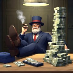 A wealthy gentleman in a top hat smokes a cigar with his feet propped up on a desk, surrounded by towering stacks of cash. The image pairs with the caption to suggest the strategy of building a real utility project while others are distracted chasing hype-driven meme coins.