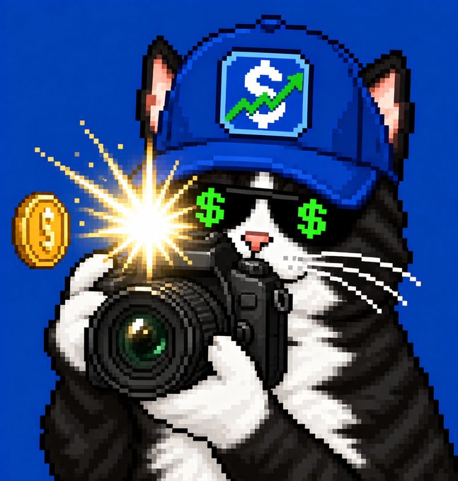 A pixel art illustration of a black and white cat wearing a blue cap with a stock chart logo, dollar sign sunglasses, and holding a camera with a flash next to a gold dollar coin.