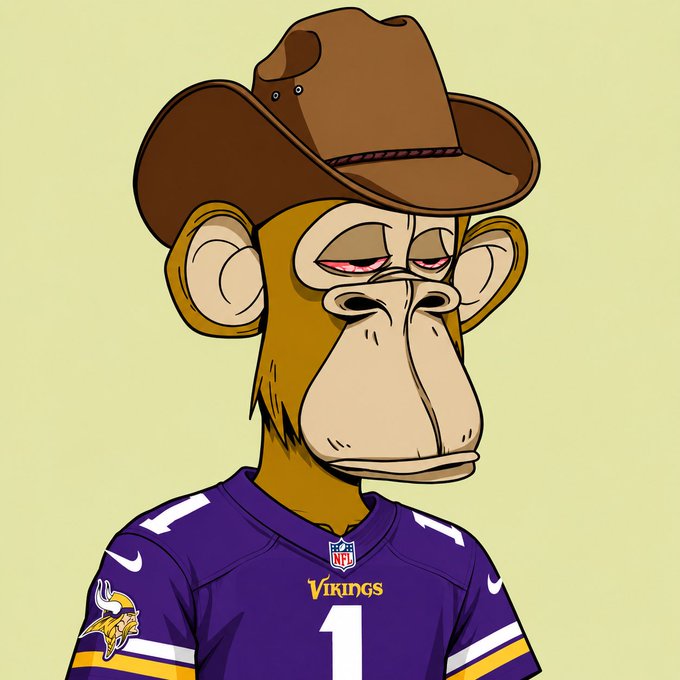 A cartoon illustration of a Bored Ape-style monkey wearing a brown cowboy hat and a purple Minnesota Vikings NFL jersey with the number 1.