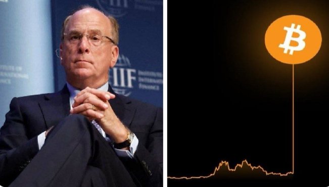 The image is split into two panels: on the left, BlackRock CEO Larry Fink sits thoughtfully with his hands clasped, wearing a dark suit and glasses; on the right, a Bitcoin logo hovers above a fluctuating price chart graph. The visual pairs Fink's contemplative presence with Bitcoin's market symbol, illustrating his bullish forecast that Bitcoin could reach $700,000 if sovereign wealth funds allocate 2%–5% of their portfolios to it.