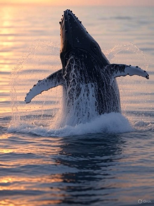 A massive humpback whale breaches the ocean surface at sunset, sending water cascading around it. The image is paired with a post noting "1 billion Dogecoin was transferred from Binance to an unknown wallet, equivalent to $90m," using the whale as a visual metaphor for the large-scale cryptocurrency transaction.