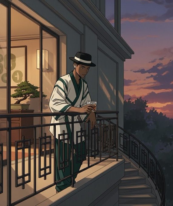 An anime-style illustration of a man wearing a fedora and a white and green striped robe, standing on a balcony at sunset holding a drink, with a bonsai tree visible inside the room.