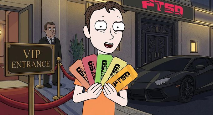 A cartoon-style image (resembling Rick and Morty) showing a character in an orange shirt holding four 'FTSD' VIP tickets outside a VIP entrance with a luxury Lamborghini parked nearby.