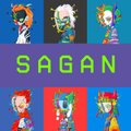 A retro-style pixel art image displaying six character portraits in a 3x2 grid, with the green text 'SAGAN' across the center.