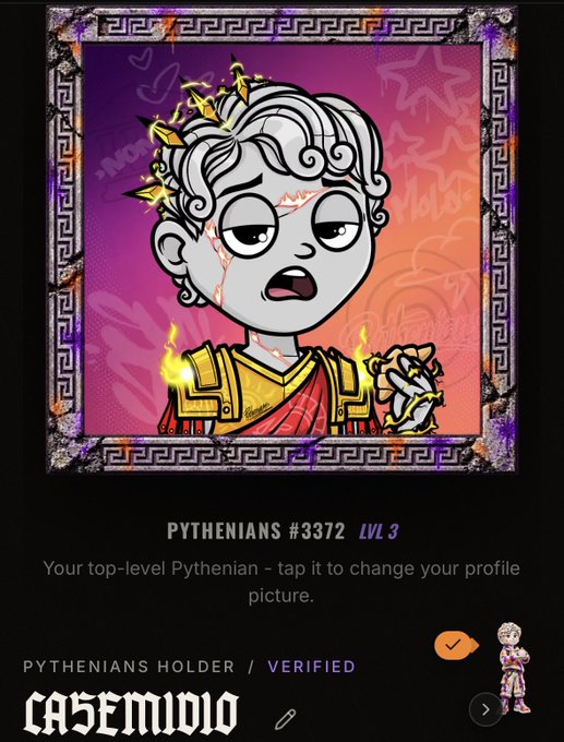 NFT profile card showing 'PYTHENIANS #3372 LVL 3' with a cartoonish stone statue of a figure wearing a laurel crown and red robes, labeled 'PYTHENIANS HOLDER / VERIFIED' with the 'CASESTUDIO' logo.