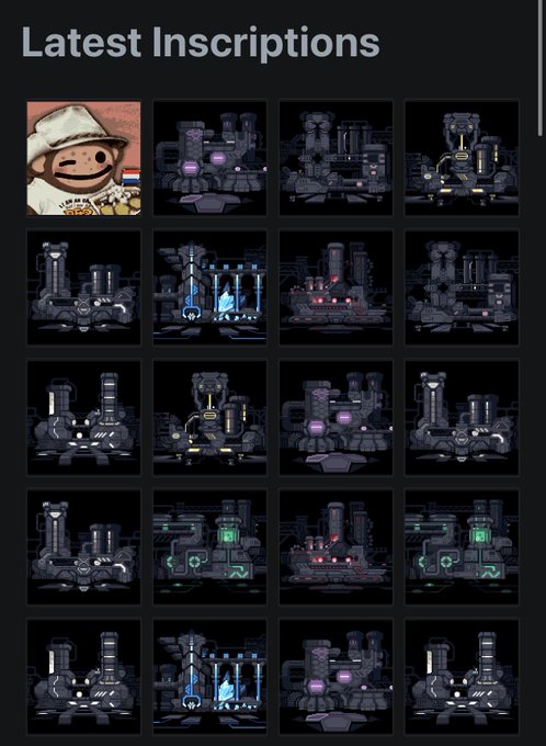 A dark-themed gallery page titled 'Latest Inscriptions' showing a grid of pixel-art industrial/machinery sprites with glowing accents, alongside a Pepe-like cartoon character.