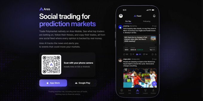A mobile app landing page for "Ares" promoting social trading for prediction markets, featuring a QR code for installation and a phone mockup displaying a feed of trader updates including posts from "pofanling" about Fed rate cut probabilities rising to 83% (up from 63%) and "originalwbc" regarding the World Cup. The image illustrates the platform's core concept of turning news and social sentiment into tradable market assets, aligning with the post's theme of news-driven crypto trading and the "$5m to $20m" market resolution mentioned.