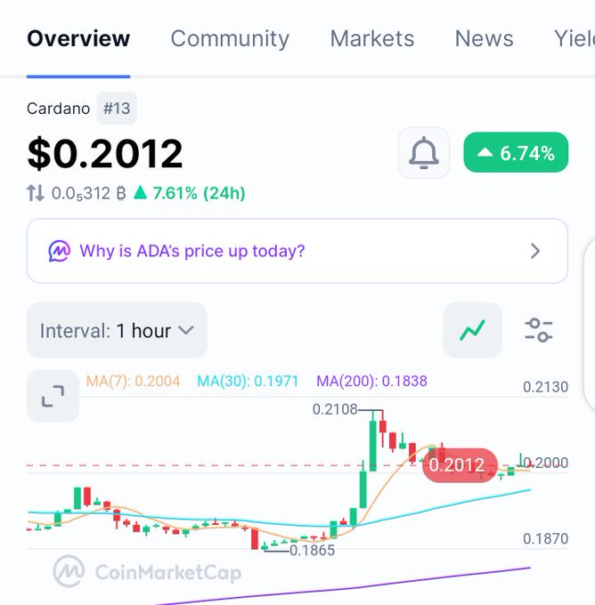 A CoinMarketCap overview page for Cardano (ADA) showing a price of $0.2012, up 6.74%, with a 1-hour candlestick chart displaying moving averages.