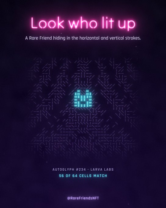 A digital NFT graphic titled 'Look who lit up' featuring 'AUTOGLYPH #234 - LARVA LABS' with text indicating '56 OF 64 CELLS MATCH' and '@RareFriendsNFT'.