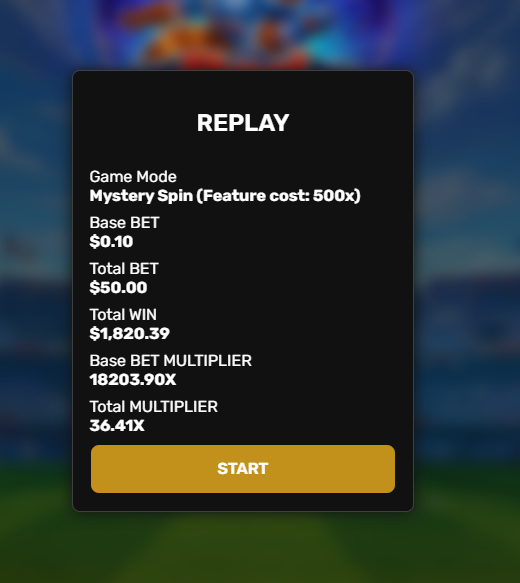 The image shows a "REPLAY" screen displaying impressive gambling statistics: a base bet of $0.10, total bet of $50.00, total win of $1,820.39, and a base bet multiplier of 18203.90X. The caption "GOTTTAAA LOVEEE IT" refers to the massive win shown in the replay screen, with the $50 total bet matching the "$50" mentioned in the post as proof of the big payout on Stake.