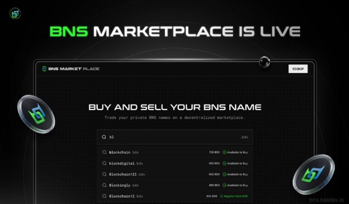 A promotional graphic announces that the 'BNS MARKETPLACE IS LIVE,' featuring a dark interface where users can 'BUY AND SELL YOUR BNS NAME.' It displays a search bar with example names like 'blockchain.bnb' and 'blockdigital.bnb' along with their prices in BNB, with the URL 'bns.beidea.io' visible in the corner.